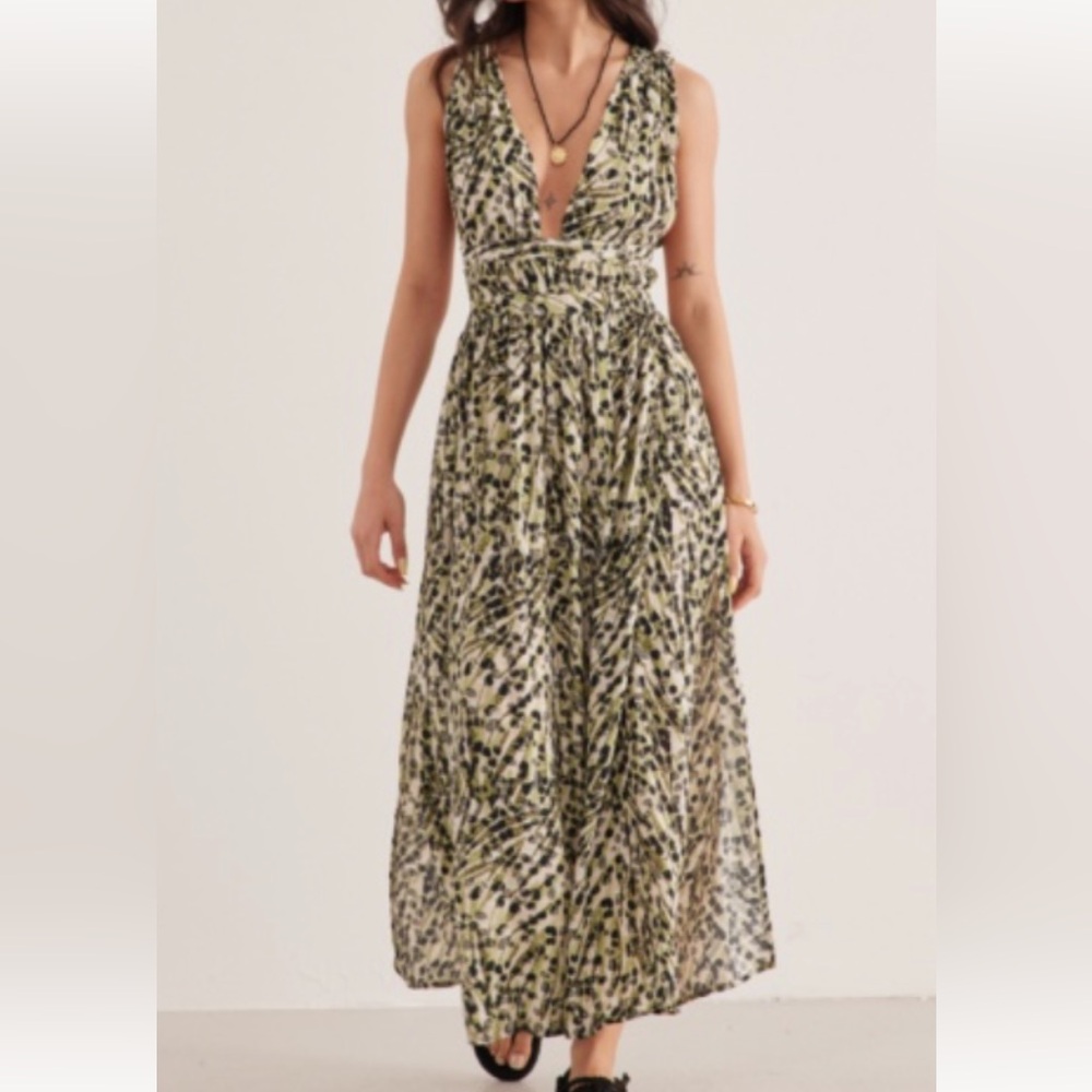 Leopard Print Yellow, Gray & Black Maxi Dress with Halter Top and Open Back XS